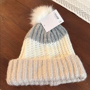 LC Lauren Conrad Gray and Cream Kids Pom-Pom Hat